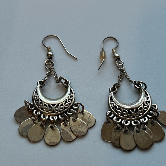 Vintage Boho Silver Dangle Earrings Crescent Moon Gypsy Witchy Aesthetic - Picture 2 of 8